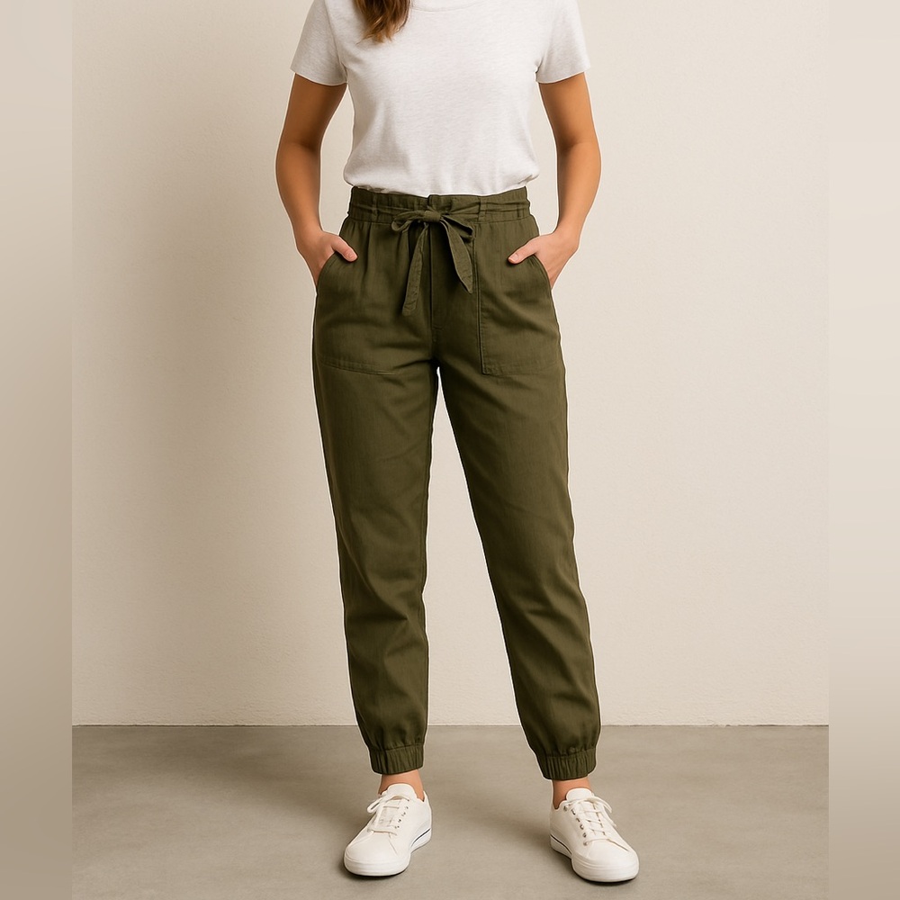 Garage High Rise Paperbag Tie Waist Belt Tencel Jogger Pants Olive Green S